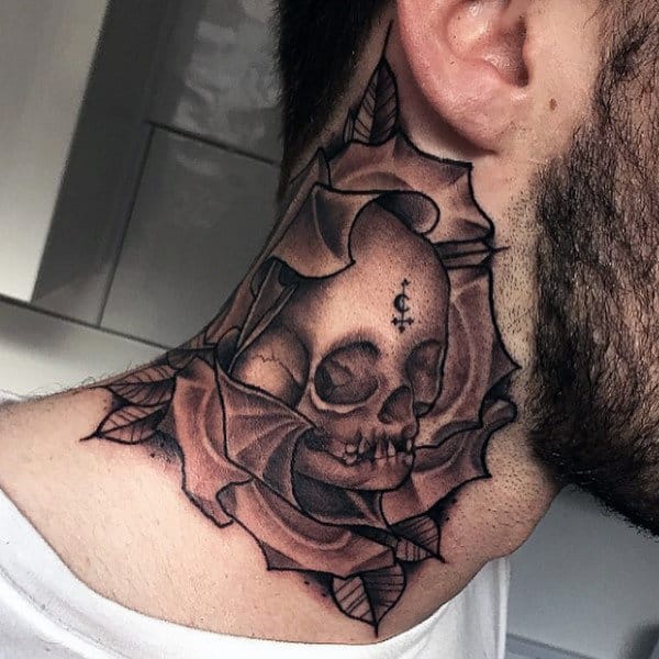 Male Neck Manly Skull In Rose Tattoo