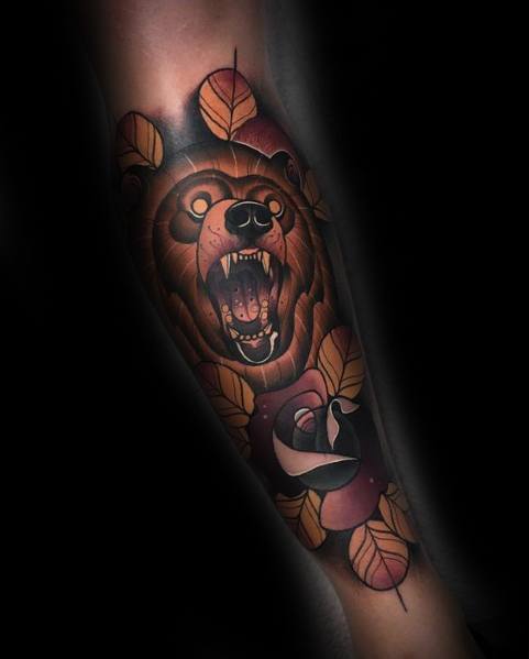 Male Neo Traditional Bear Themed Tattoo Inspiration