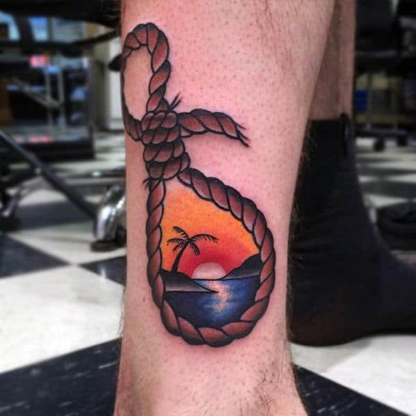Male Neo Traditional Leg Tattoo Of Palm Sunset Surrounded By Noose