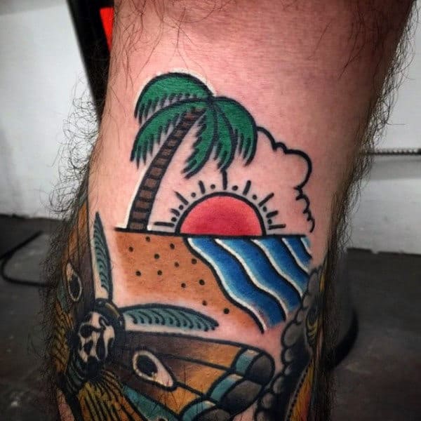 Male Neo Traditional Palm Tree And Ocean Sunset Forearm Tattoo