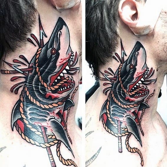 Neo-traditional shark tattoo on neck, featuring red highlights, coiled rope, bold black shading, and dynamic lines for a fierce look.