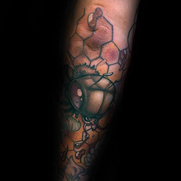Male New School Bee Tattoo On Outer Forearm