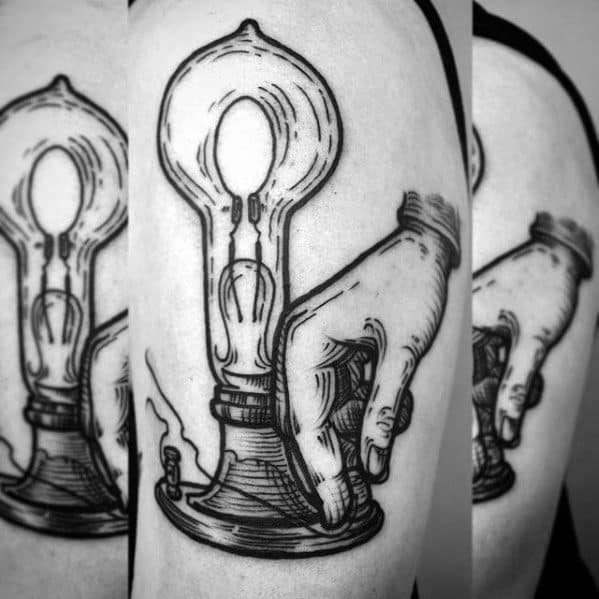 Blackwork tattoo of a vintage hand turning on a large lightbulb, symbolizing invention and the spark of innovation.