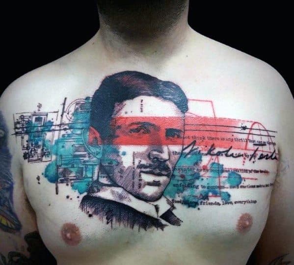 Watercolor-style chest tattoo of Nikola Tesla with red and teal accents, circuit sketches, and layered handwritten text.
