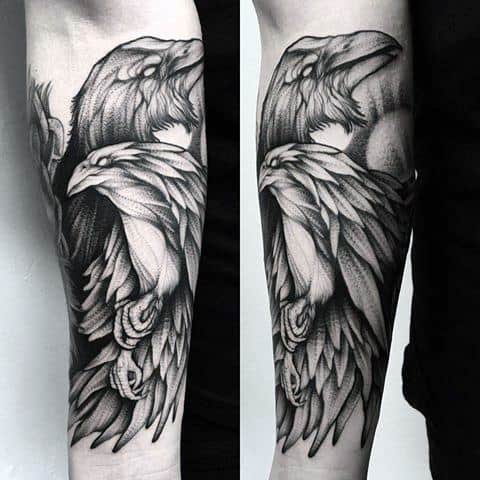 Bold black and grey forearm tattoo of Huginn and Muninn with layered feathers, sharp detailing, and a rising sun in the background.