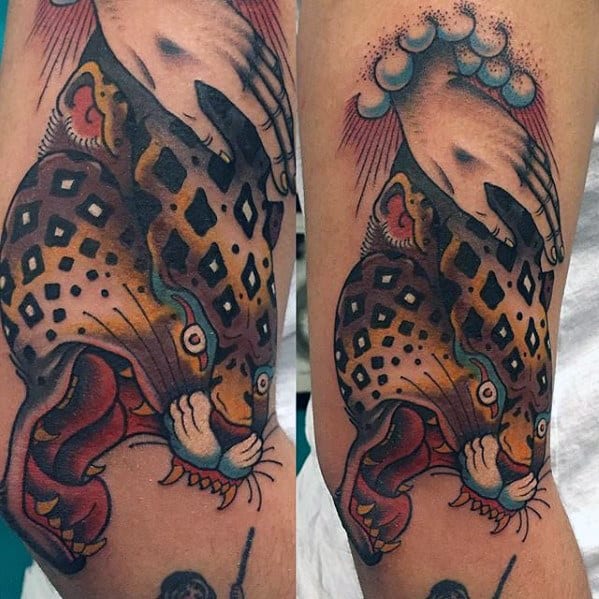 Male Old School Angry Cheetah Arm Tattoos