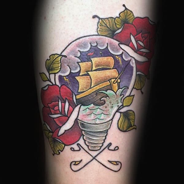 Male Old School Light Bulb With Sailing Ship Inside Tattoo