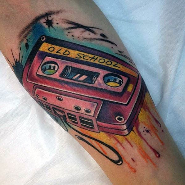 Male Old School Watercolor Cassette Tape Inner Forearm Tattoos
