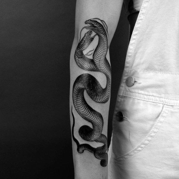Male Outer Forearm Black Ink Two Headed Snake Themed Tattoo Inspiration