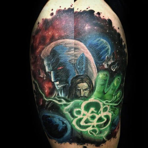 Vibrant Coheed and Cambria tattoo featuring characters from The Amory Wars, cosmic background, and glowing green Keywork symbol in the foreground.