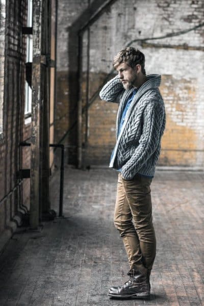 Male Outfit Ideas Fall Outfits Styles Chunky Grey Knit Sweater With Tan Chino Pants