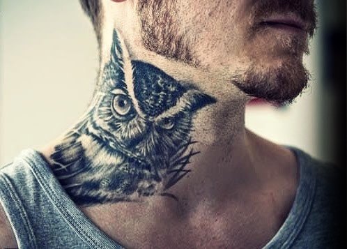 Male Owl Side Of Neck Tattoo Design Inspiration