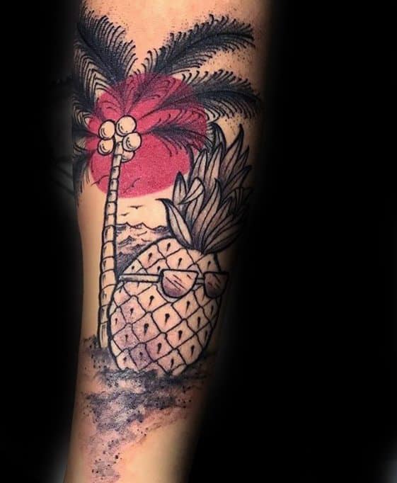 Male Palm Tree With Pineapple Wearing Sunglasses Forearm Tattoo