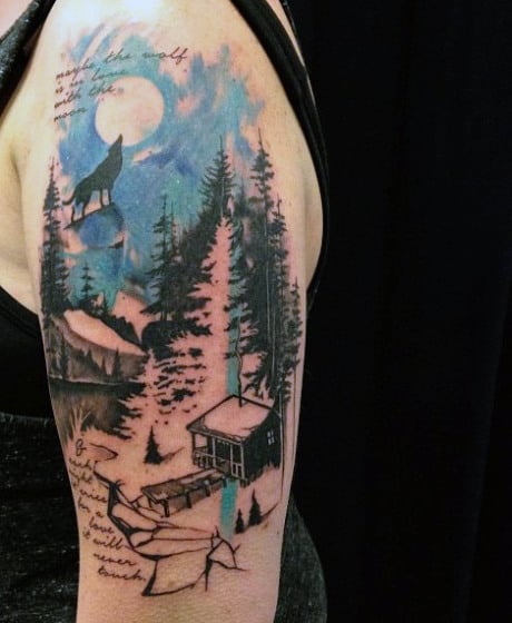 Wolf Howling Male Pine Tree Tattoos