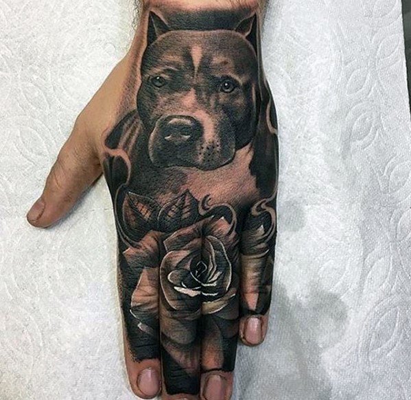 Male Pitbull Tattoo Design Inspiration On Hand