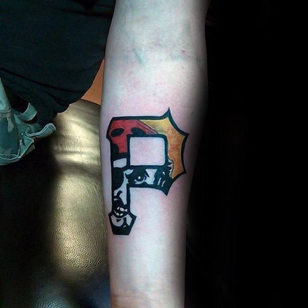 Pittsburgh Pirates "P" tattoo with a bold gradient fill, featuring a pirate face subtly integrated into the lower part of the letter.
