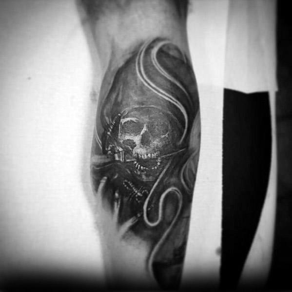 Dark and moody Pittsburgh Pirates-inspired tattoo featuring a skull in a hood with bats and swirling smoke for a haunting effect.