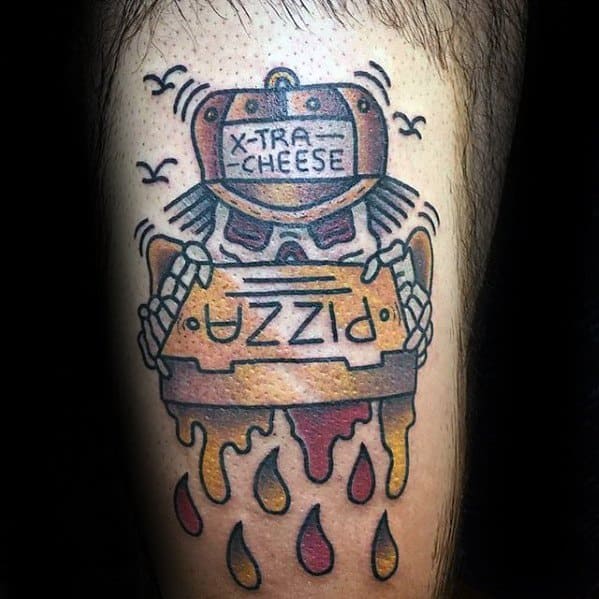 Male Pizza Box Skeleton Thigh Tattoo Design Inspiration