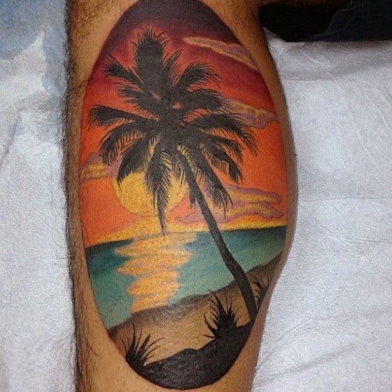 Male Plam Beach Calf Sunset Tattoo