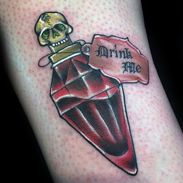 Male Poison Bottle Drink Me Skull Arm Tattoo Ideas