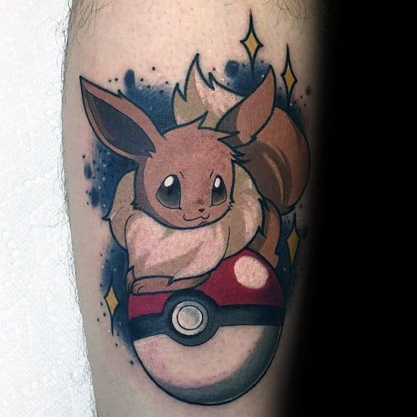 Cute Eevee tattoo sitting on a Pokeball with sparkles and soft shading, blending charm and color in a playful anime style.