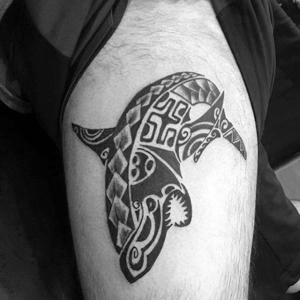 Polynesian shark tattoo on upper arm with bold tribal elements and symbolic patterns representing strength, protection, and heritage.