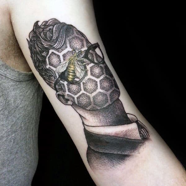 Male Portrait With Bee Mens Outer Arm Tattoo