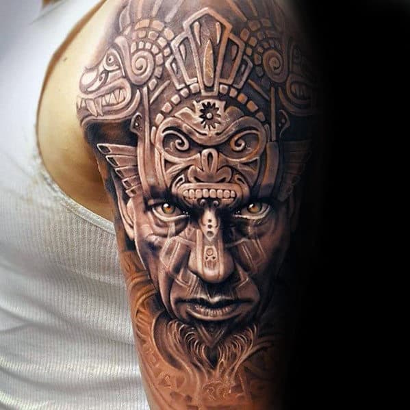 Male Portrait With Tribal Head Mens 3d Arm Tattoos