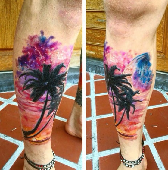 Male Psychadelic Palmtree At Sunset Calf Tattoo