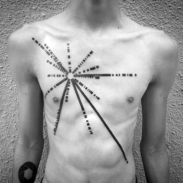 Black and white image of a person with a geometric, starburst-style tattoo reminiscent of a pulsar map