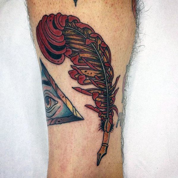 Male Quill Tattoo Design Inspiration On Leg