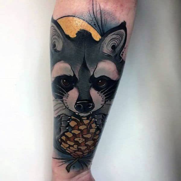 Male Raccoon Neo Traditional Pine Cone Forearm Sleeve Tattoo