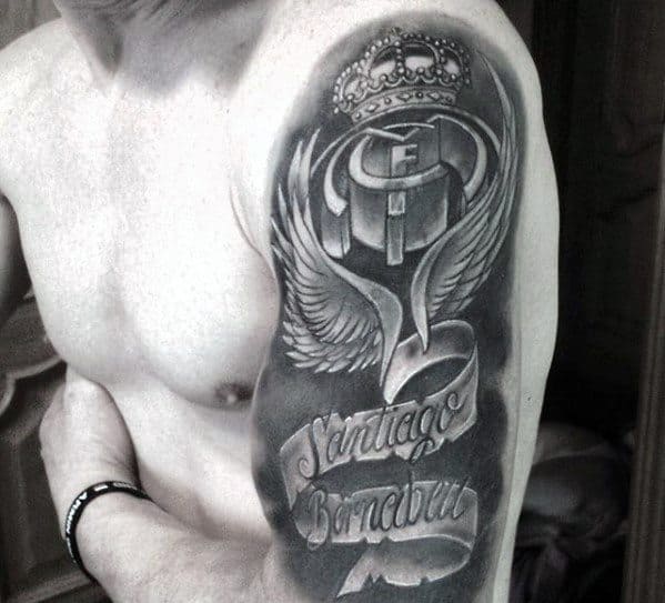 Male Real Madrid Tattoo Ideas Half Sleeve With Banner Design