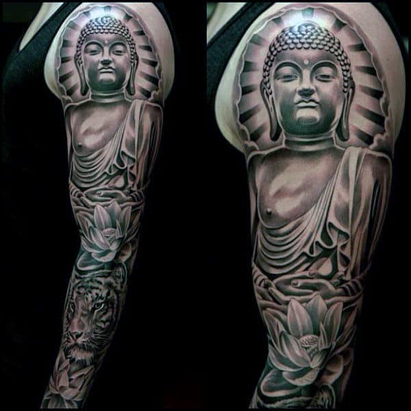 Male Realistiic Buddha Tattoo On Full Arms