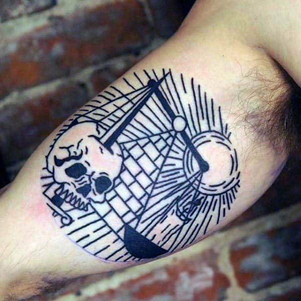 Male Retro Black Ink Outline Pyramid With Skull And Scale Tattoo Design On Inner Arm Bicep