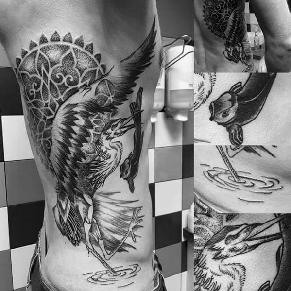 Male Rib Cage Side Tattoo With Heron Design