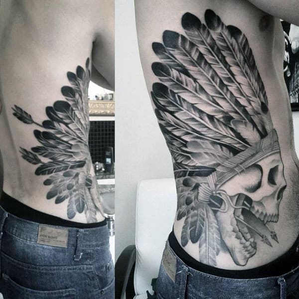 Male Ribcage Tattoo Of Cool Indian Skull Design