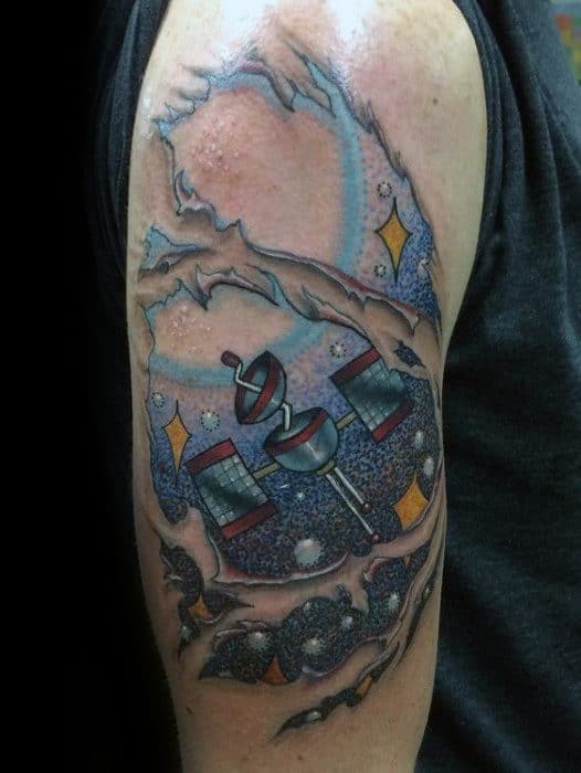 Male Ripped Skin Satellite Tattoo Ideas On Upper Arm