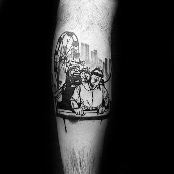Blackwork tattoo of people screaming on a roller coaster with a Ferris wheel and city skyline in the background.