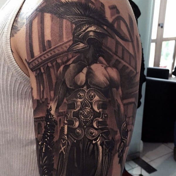 Male Roman Warriior Black Ink Arm Tattoo