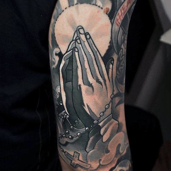 Male Rosary Beads Tattoo On Arm Sleeve Design With Praying Hands