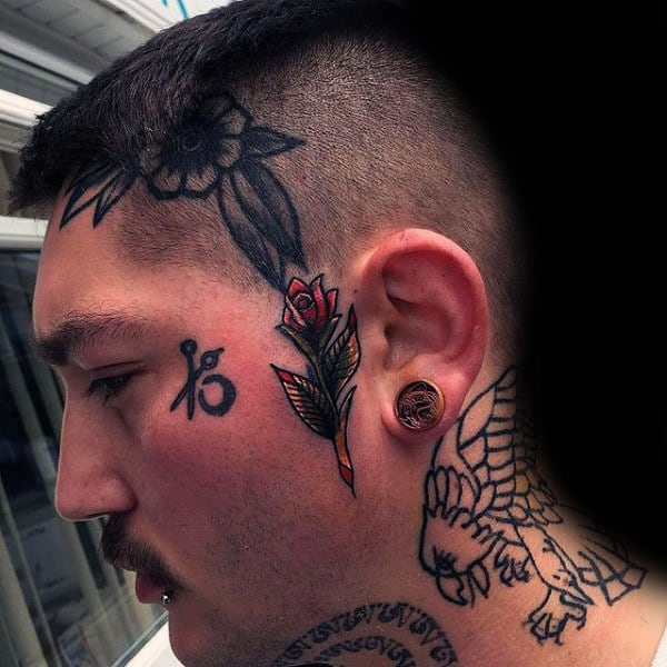 Male Rose Flower Face Tattoo With Old School Design