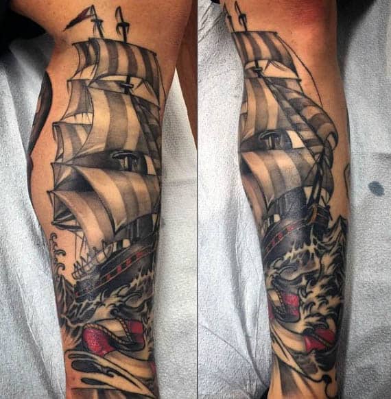 Male Sailboat Leg Sleeve Tattoo