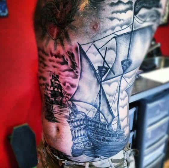 Male Sailing Tattoo Designs On Rib Cage Side