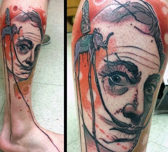 Abstract Salvador Dali portrait tattoo with surreal elements, including a spindly-legged elephant walking on his mustache over a red-toned background.
