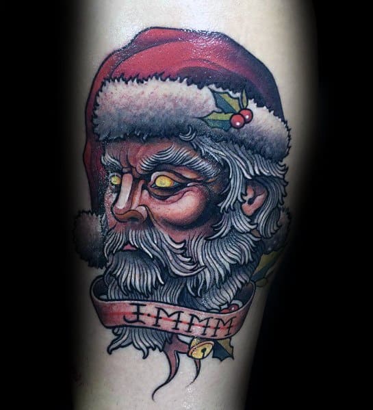 Dark-themed Santa Claus tattoo with glowing eyes, bold shading, and a gothic touch, featuring a holly-accented banner for a unique festive twist.