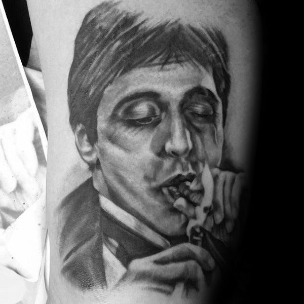 Male Scarface Tony Montana With Cigar Arm Tattoo