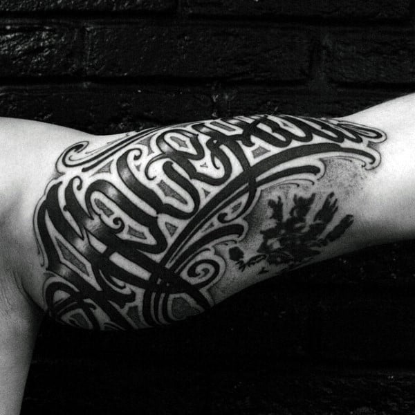 Male Script Graffiti Inner Arm Tattoos With Black Ink