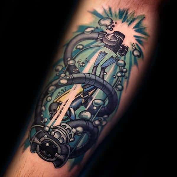 Vibrant cartoon-style tattoo of a scuba diver ascending with large hoses, bubbles, and a burst of light in a dynamic underwater scene.