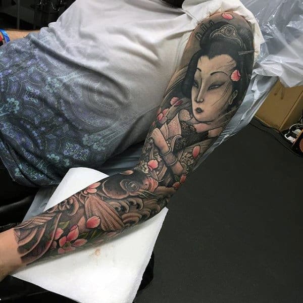 Male Sensual Geisha Japanese Sleeve Tattoo
